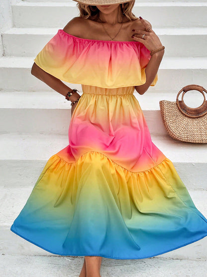 Rainbow Off-Shoulder Ruffled Shirred A-Line Mini Dress