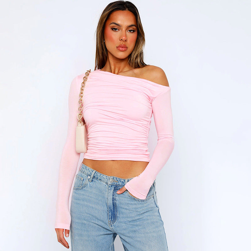 New INS Solid Color Asymmetrical Shoulder Long Sleeve Ruched Crop Top T-Shirt