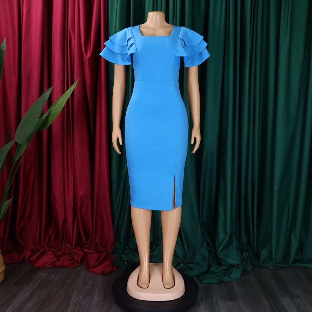 Square Neck Ruffled Short-Sleeve Bodycon Dress