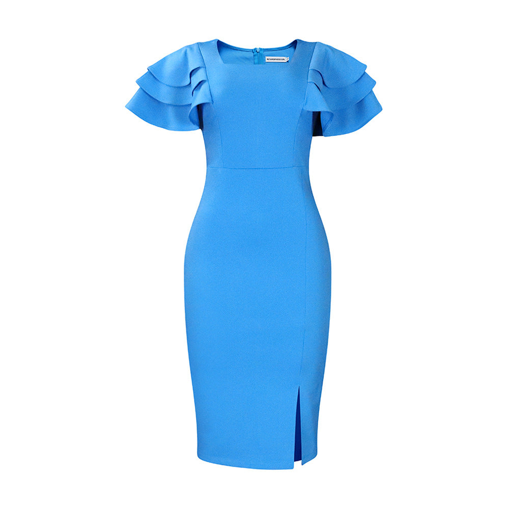 Square Neck Ruffled Short-Sleeve Bodycon Dress