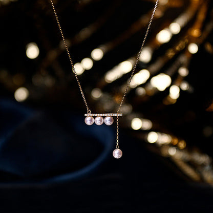 Balanced Falling Sound Vacuum Gold Zircon Pearl Balance Beam Clavicle Chain