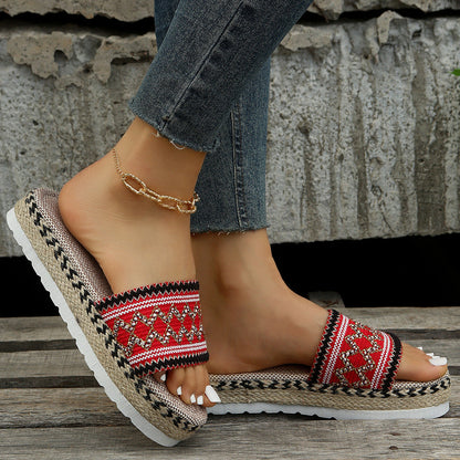 Peep-Toe Wedge Braided Jute Platform Comfortable Slip-On Sandals