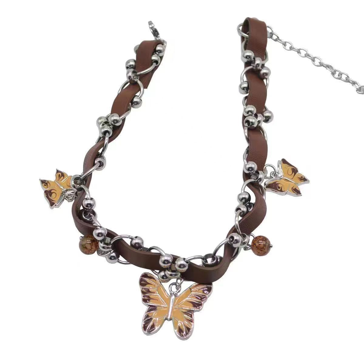 Vintage Coffee Enamel Butterfly Pendant Necklace – Statement Clavicle Chain