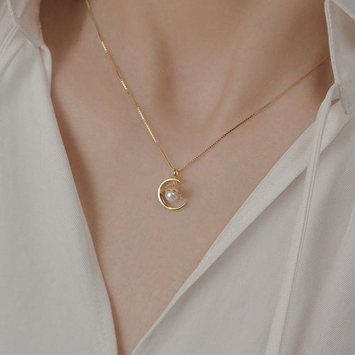 Planet and Moon Pendant Pearl Necklace