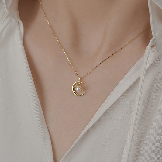Planet and Moon Pendant Pearl Necklace