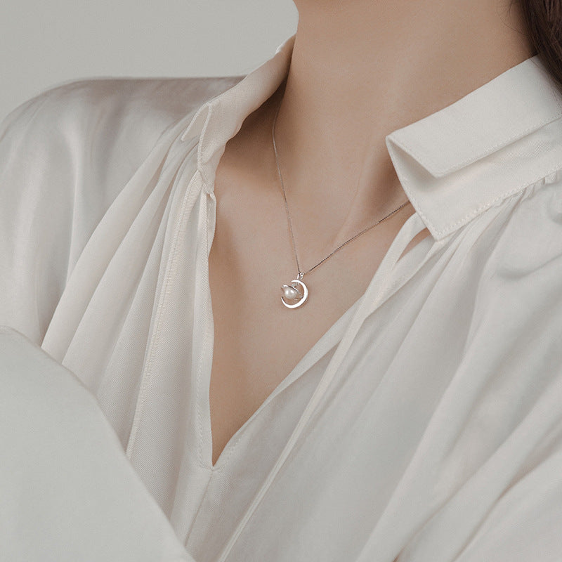 Planet and Moon Pendant Pearl Necklace