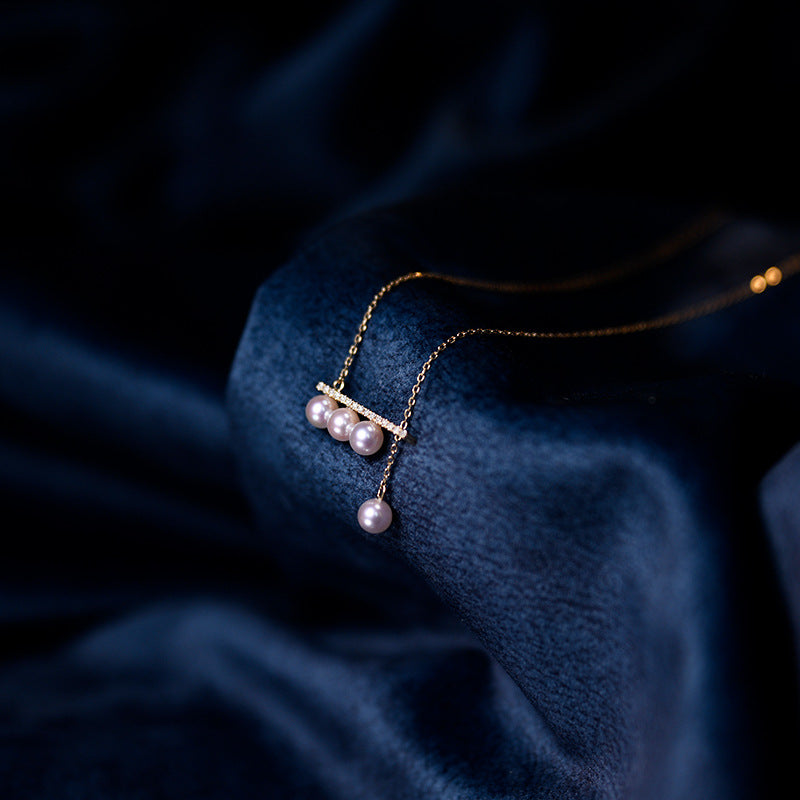 Balanced Falling Sound Vacuum Gold Zircon Pearl Balance Beam Clavicle Chain