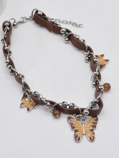 Vintage Coffee Enamel Butterfly Pendant Necklace – Statement Clavicle Chain
