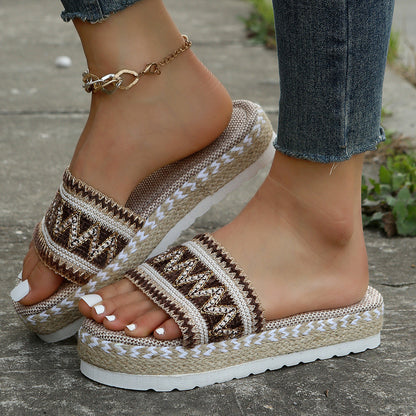 Peep-Toe Wedge Braided Jute Platform Comfortable Slip-On Sandals