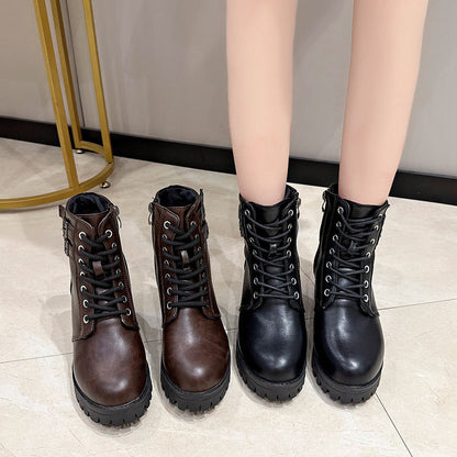 Round-Toe Mid-Heel Ankle Martin Boots with Side Zipper in Solid Color