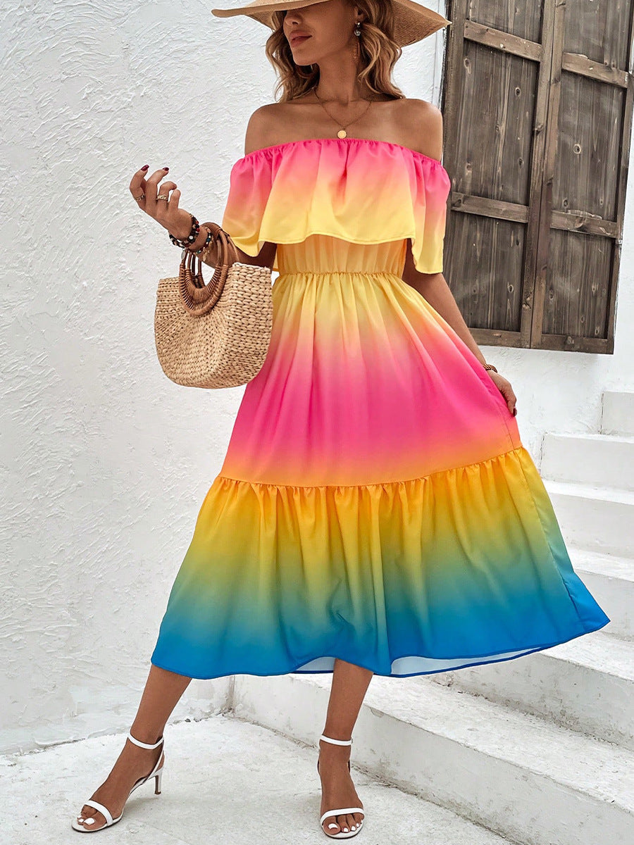 Rainbow Off-Shoulder Ruffled Shirred A-Line Mini Dress