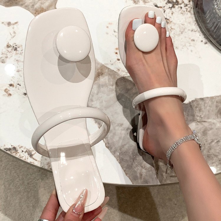 Square-Toe Toe-Loop Flat Slide Sandals