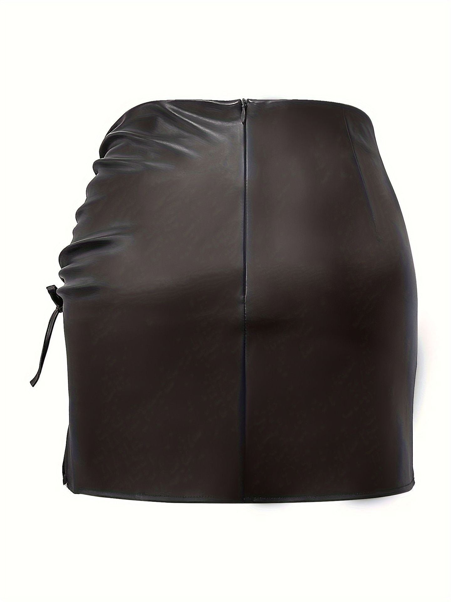 Solid Color Drawstring Tie Split High-Waist A-Line Bodycon PU Leather Mini Skirt