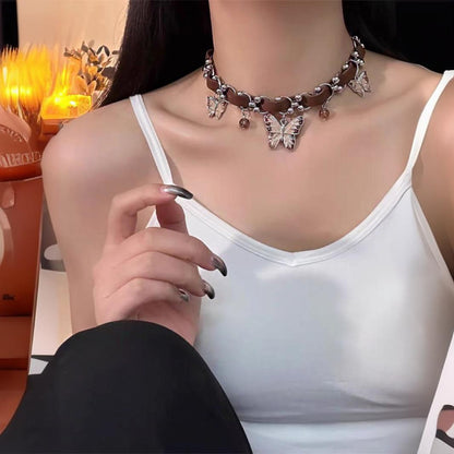 Vintage Coffee Enamel Butterfly Pendant Necklace – Statement Clavicle Chain