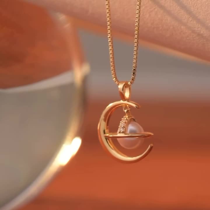 Planet and Moon Pendant Pearl Necklace