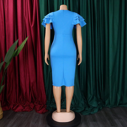 Square Neck Ruffled Short-Sleeve Bodycon Dress