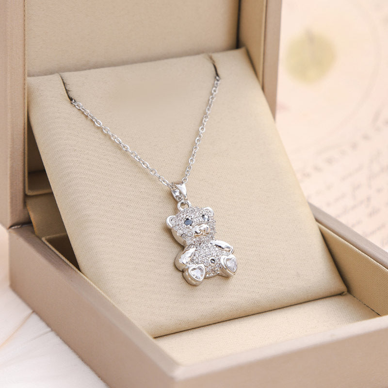 Full Rhinestone Cute Bear Pendant Necklace
